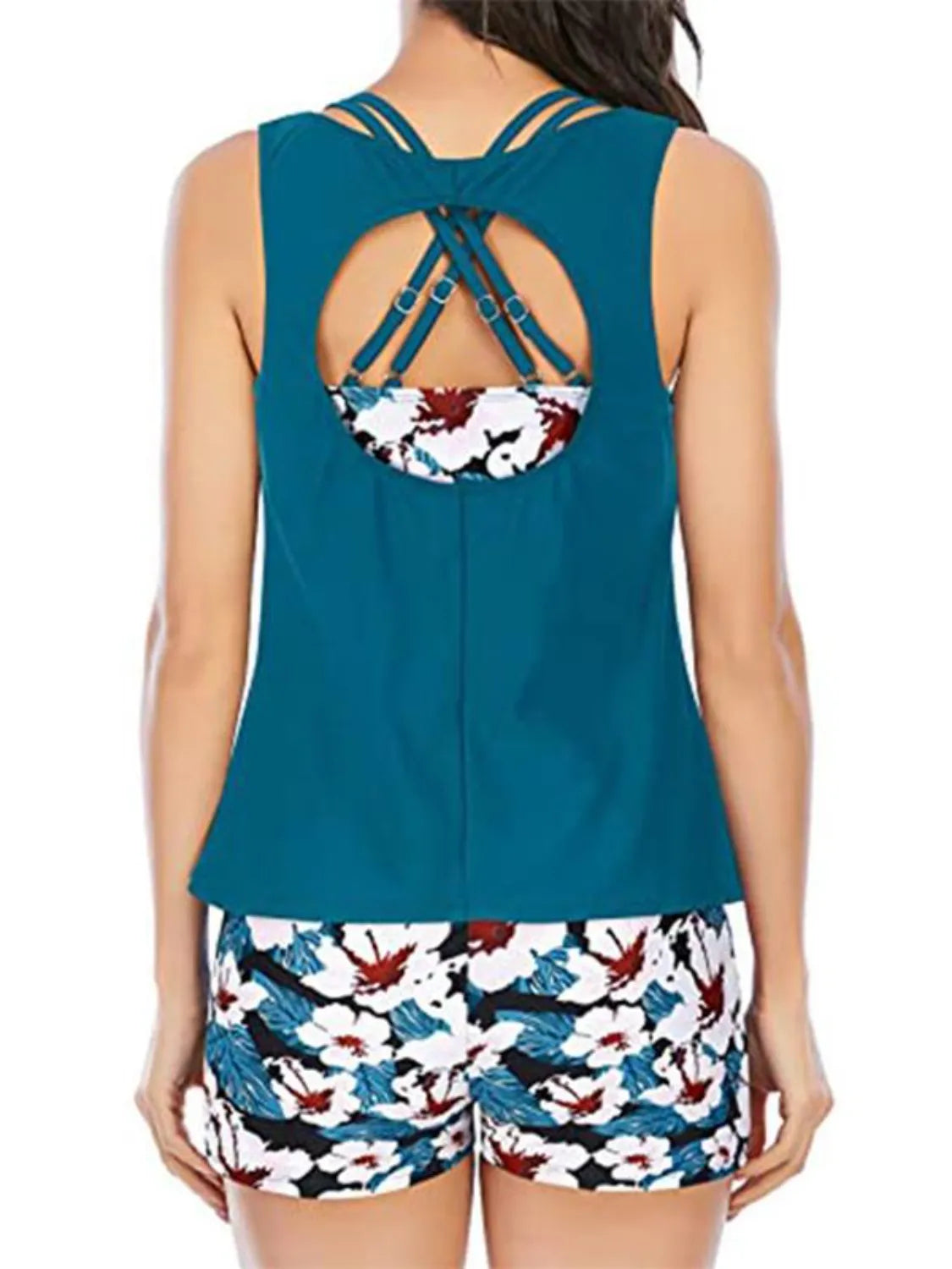 Fashorio Deep Teal / S Cutout Printed Round Neck Three-Piece Swim Set