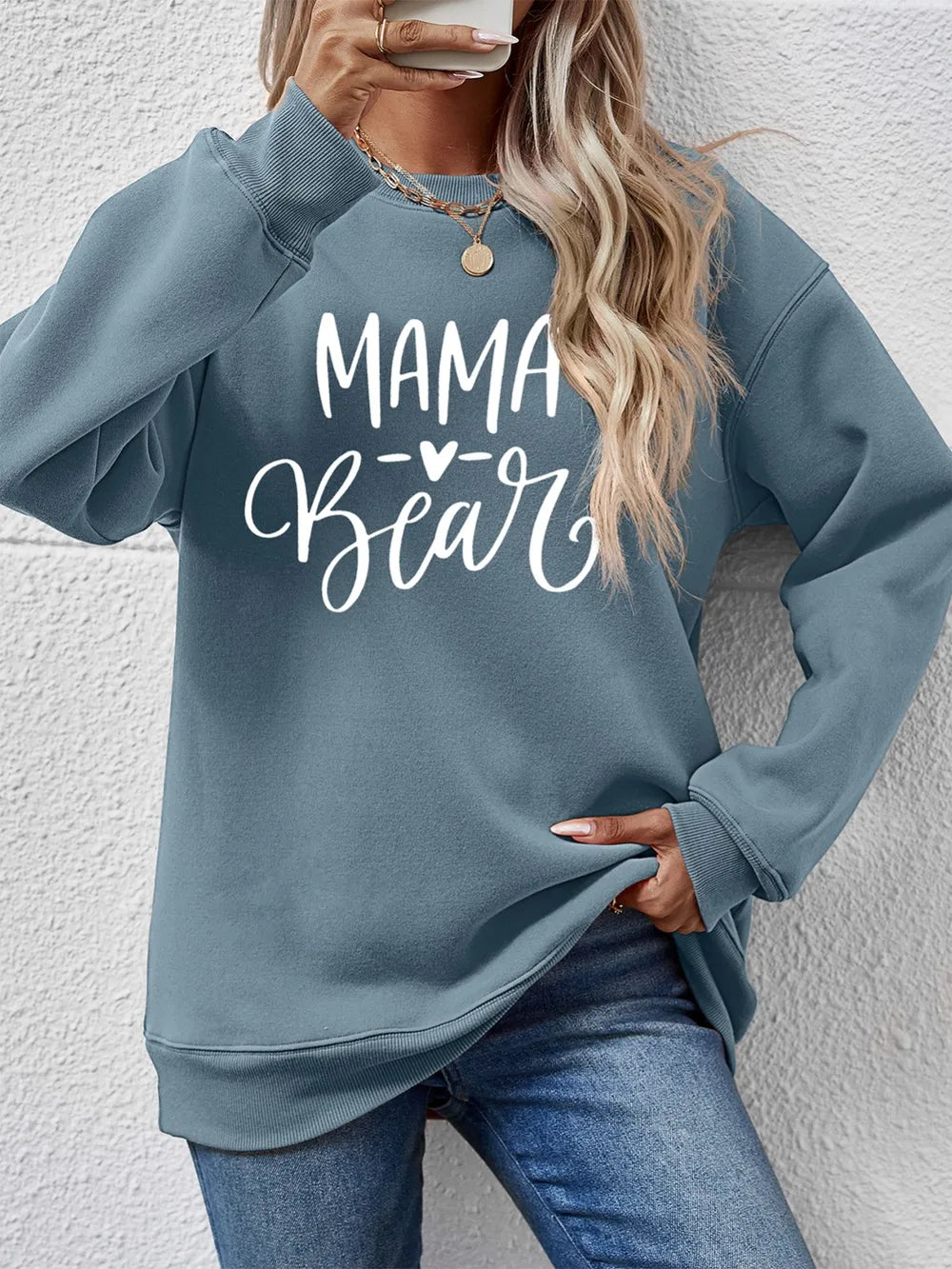 Fashorio Deep Teal / S Letter Graphic Round Neck Long Sleeve Sweatshirt