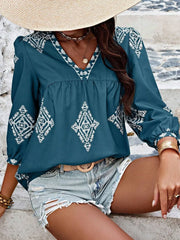 Fashorio Deep Teal / S Printed V-Neck Three-Quarter Sleeve Blouse