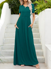 Fashorio Deep Teal / S Round Neck Short Sleeve Maxi Dress with Pockets