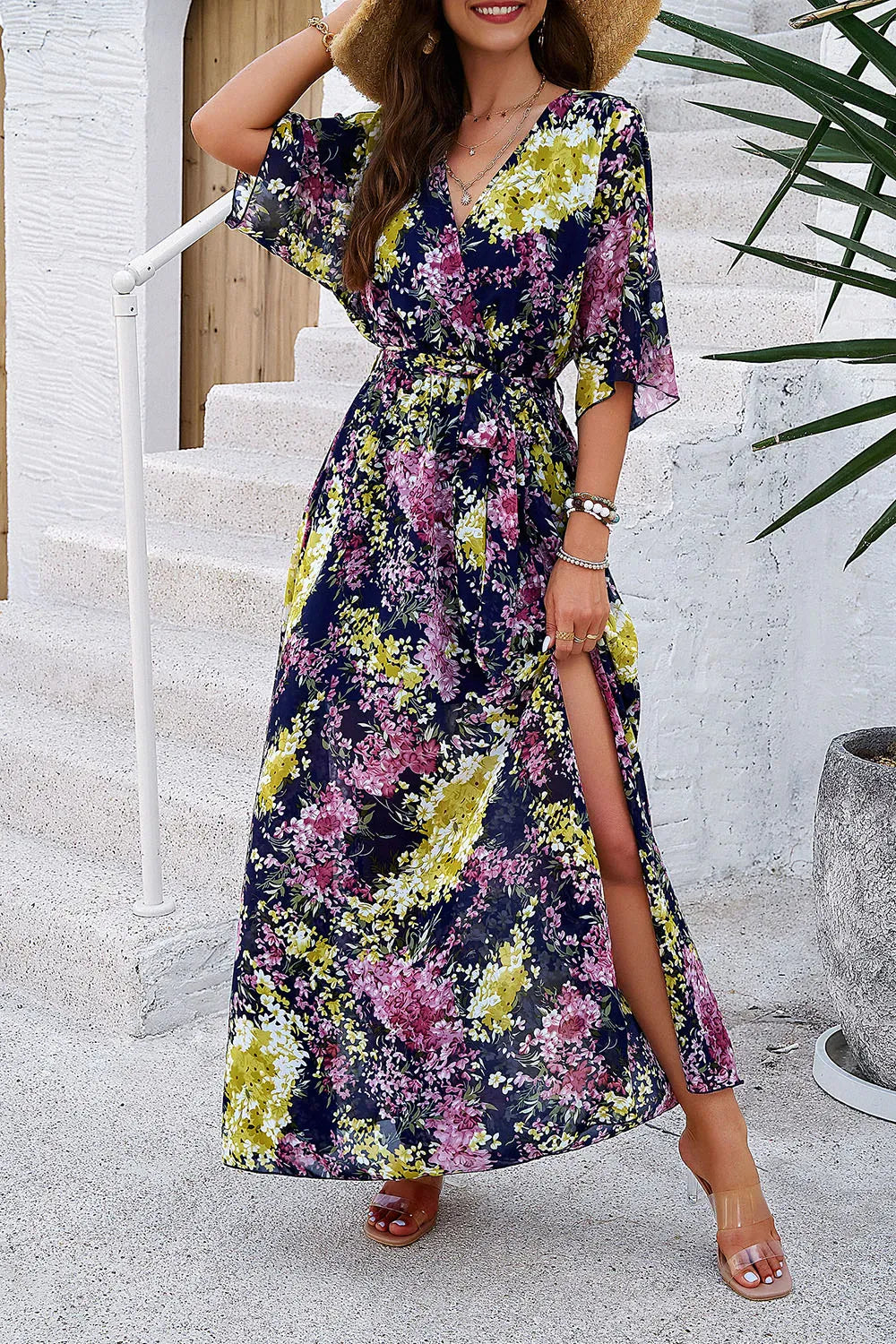 Fashorio Devine Printed Tied Half Sleeve Slit Dress