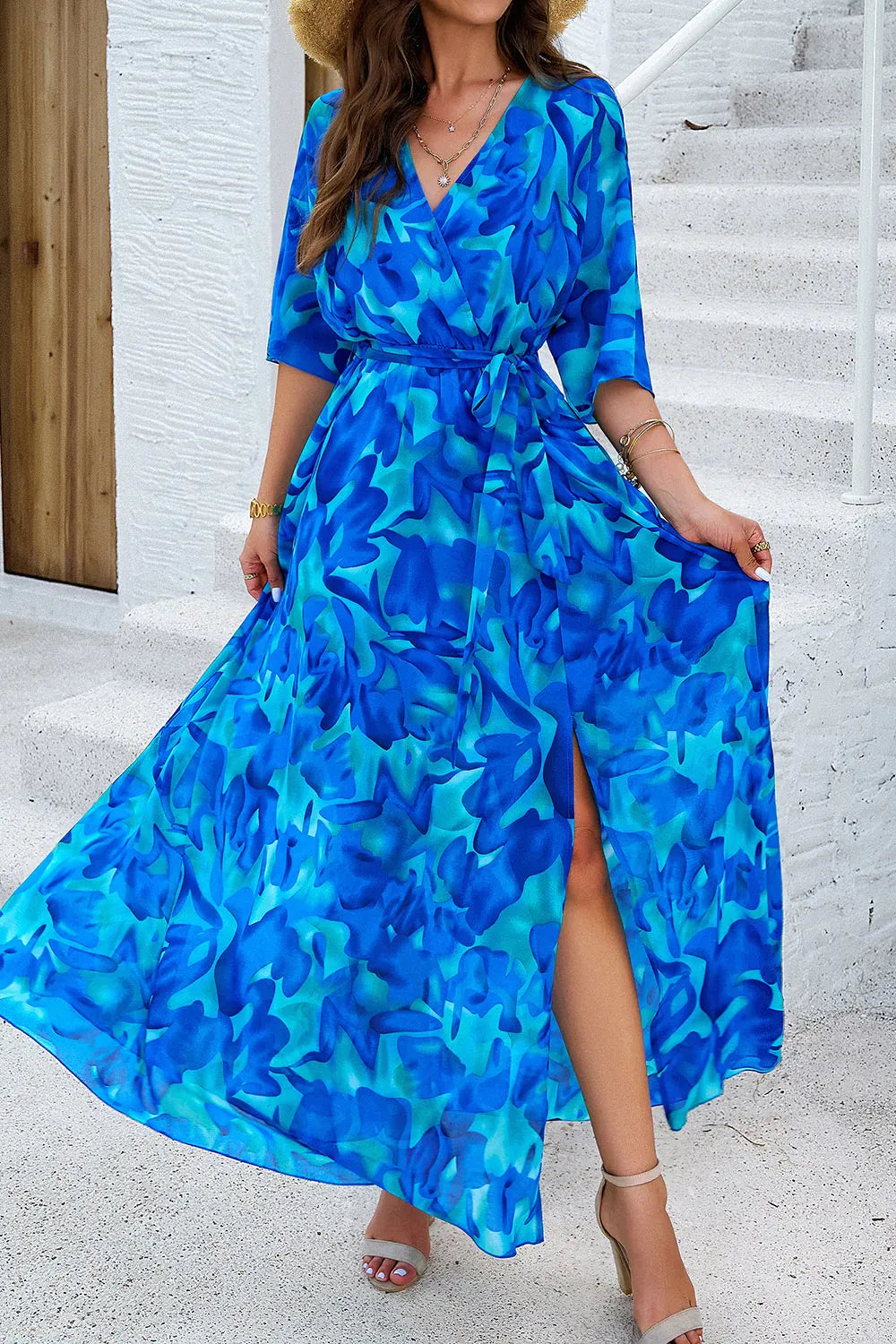 Fashorio Devine Printed Tied Half Sleeve Slit Dress