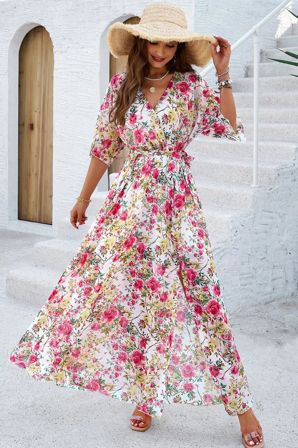 Fashorio Devine Printed Tied Half Sleeve Slit Dress