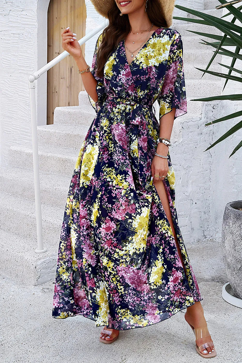 Fashorio Devine Printed Tied Half Sleeve Slit Dress