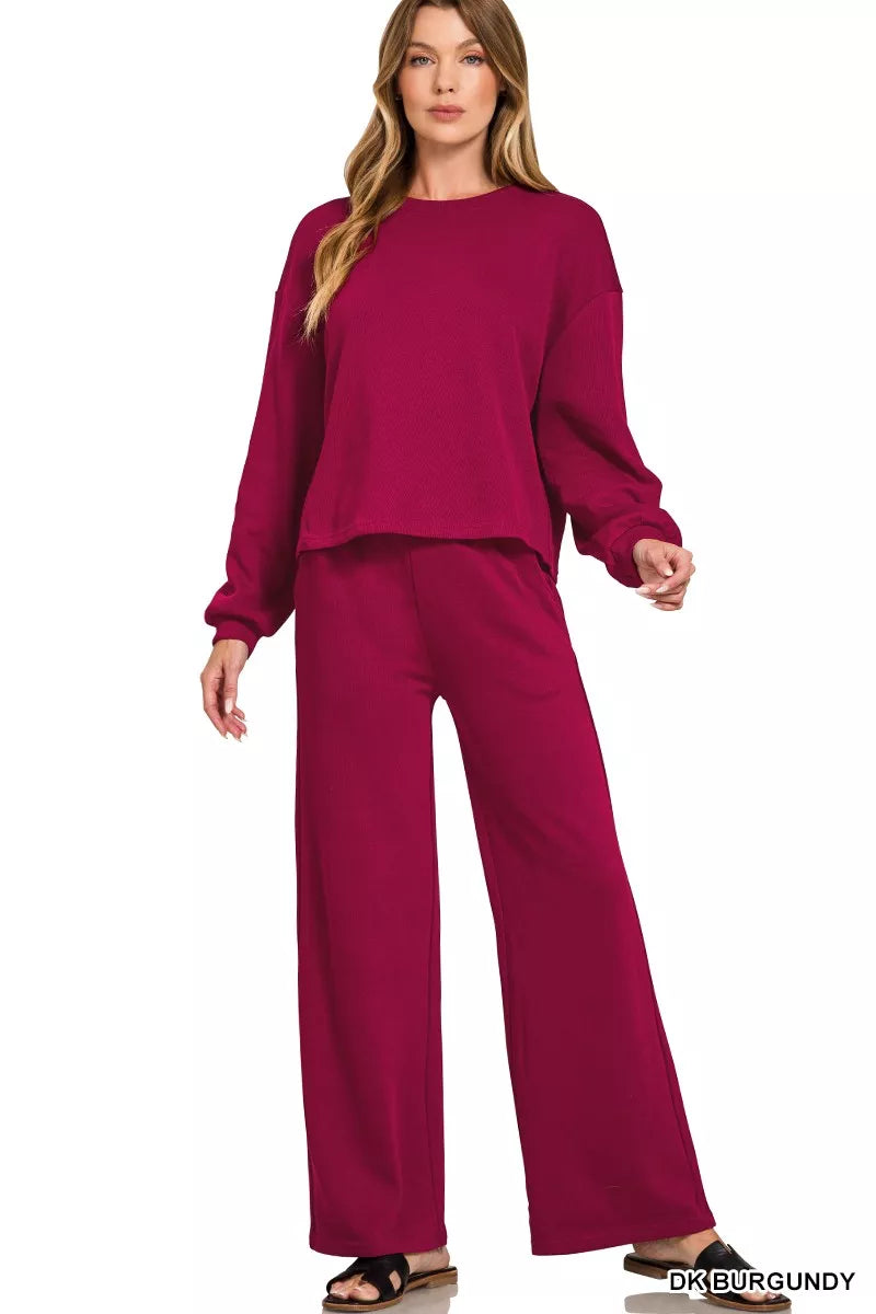Fashorio DK BURGUNDY / S Zenana French Rib Pullover and Pants Set