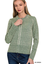 Fashorio DK GREEN / S Zenana Ribbed Two Tone Zip Up Sweater Cardigan