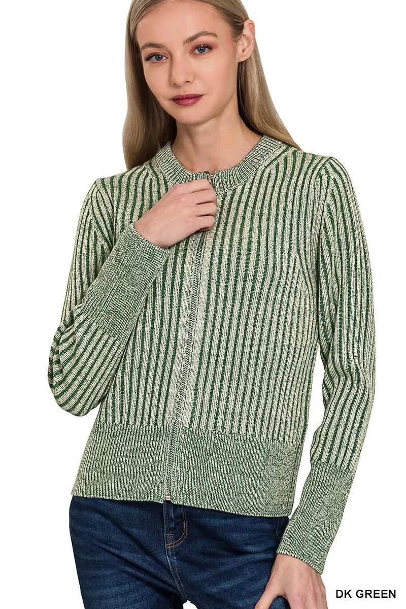 Fashorio DK GREEN / S Zenana Ribbed Two Tone Zip Up Sweater Cardigan