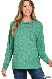 Fashorio DK GREEN / S Zenana Soft Melange Hacci Round-Neck Long Sleeve T-Shirt
