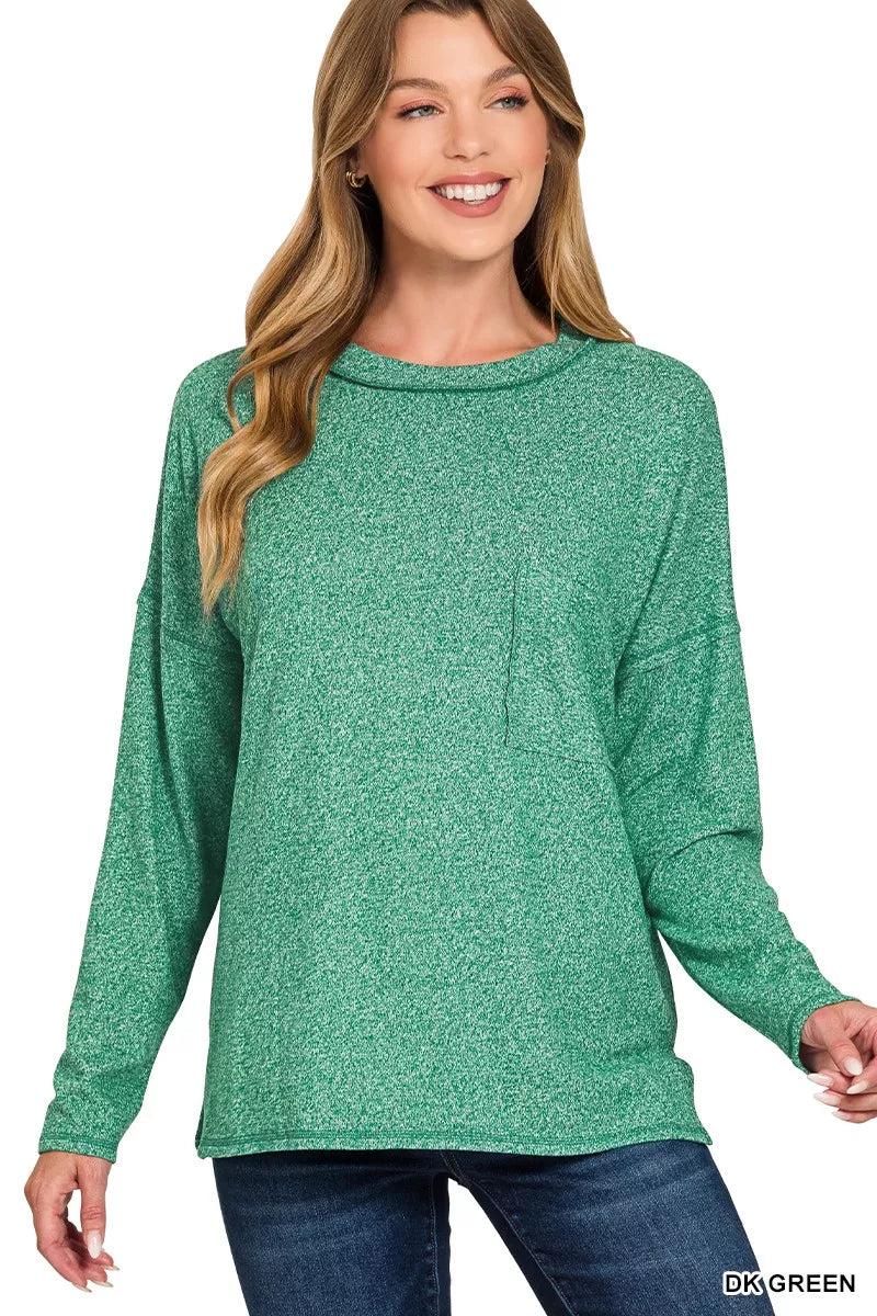 Fashorio DK GREEN / S Zenana Soft Melange Hacci Round-Neck Long Sleeve T-Shirt