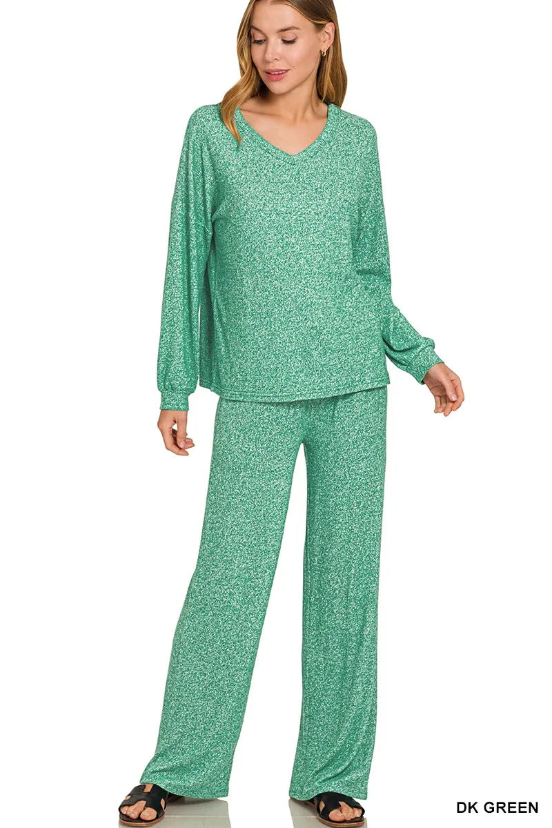 Fashorio DK GREEN / S Zenana Soft Melange Long Sleeve Tee & Pants Set