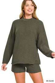 Fashorio DK OLIVE / S Zenana Round Neck Knit Top and Shorts Sweater Set