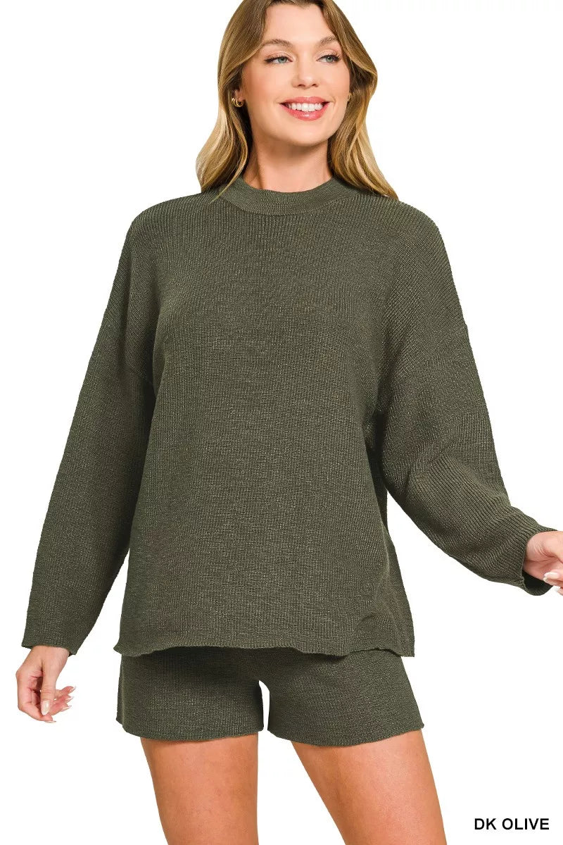 Fashorio DK OLIVE / S Zenana Round Neck Knit Top and Shorts Sweater Set