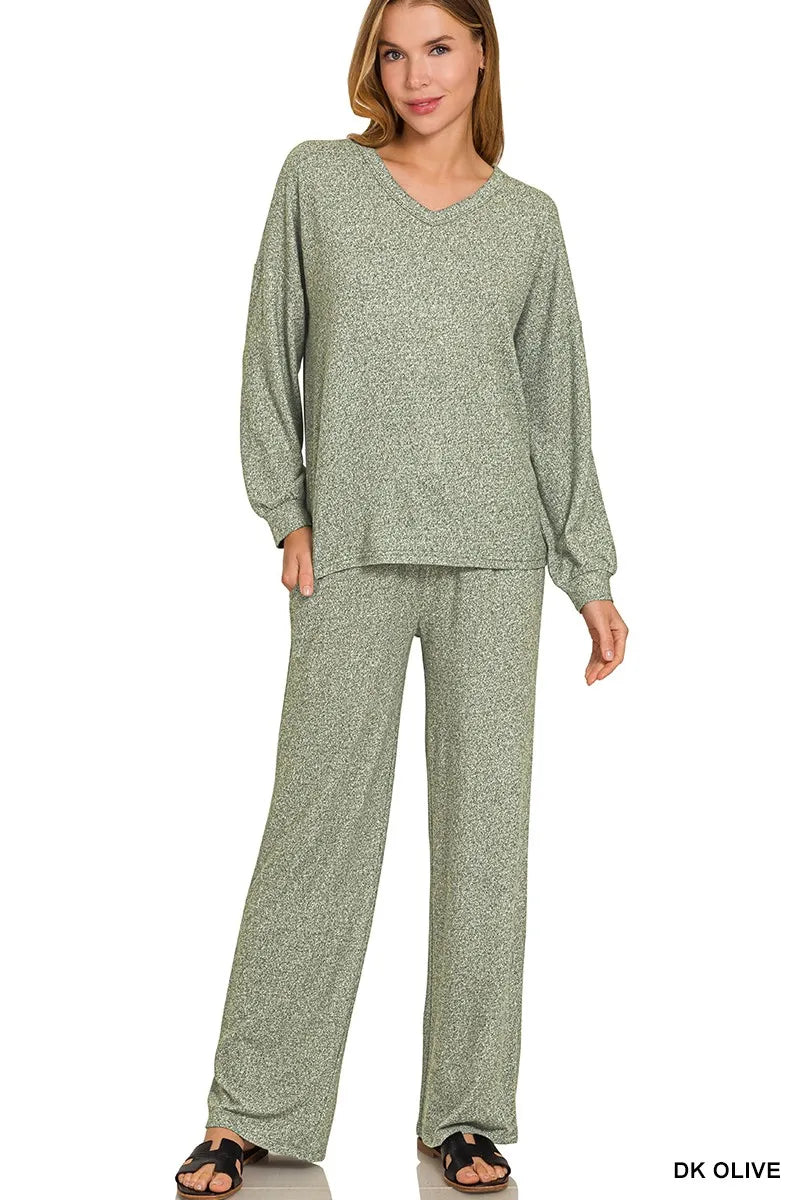 Fashorio DK OLIVE / S Zenana Soft Melange Long Sleeve Tee & Pants Set