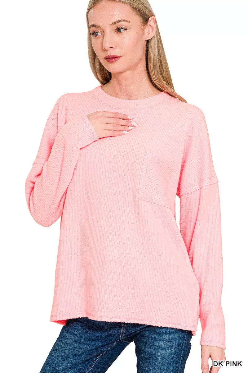 Fashorio DK PINK / S Zenana Ribbed Brushed Melange Hacci Sweater with Chest Pocket