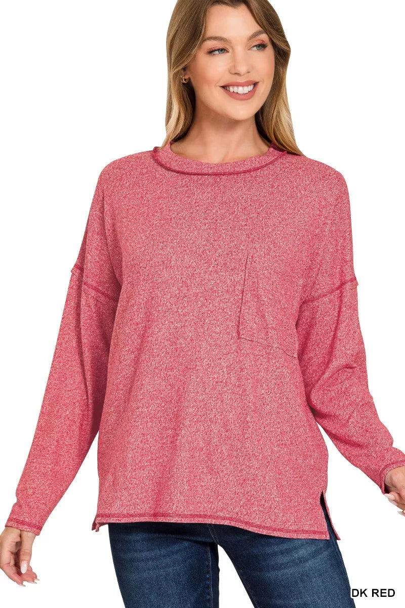 Fashorio DK RED / S Zenana Soft Melange Hacci Round-Neck Long Sleeve T-Shirt