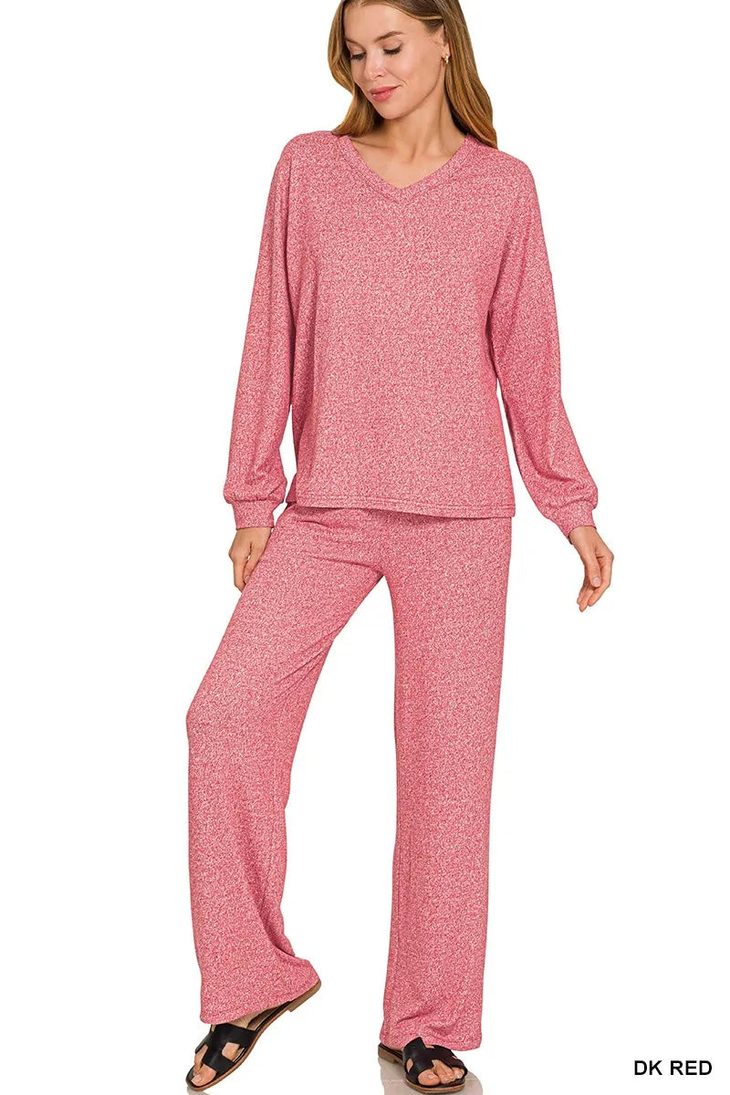 Fashorio DK RED / S Zenana Soft Melange Long Sleeve Tee & Pants Set