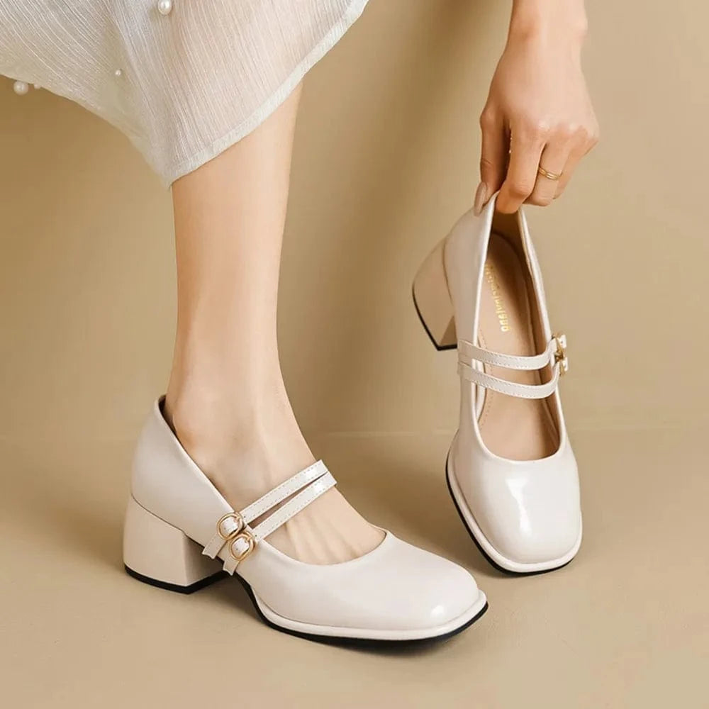 Double Buckle Strap Square Toe Mary Jane Heels - Fashorio