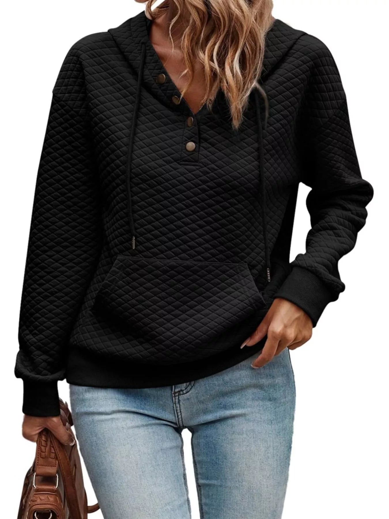 Fashorio Drawstring Textured Dropped Shoulder Hoodie