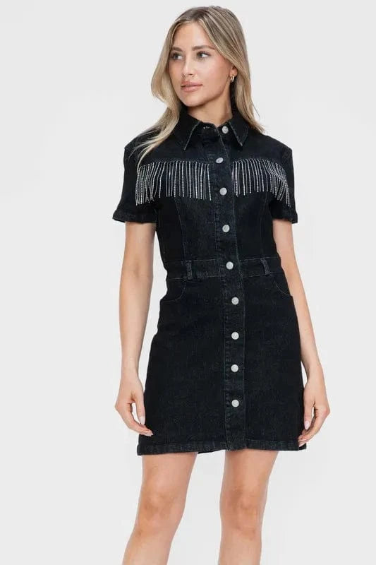 Fashorio dresses Black / S bytos Full Size Embellished Button Down Short Sleeve Denim Dress