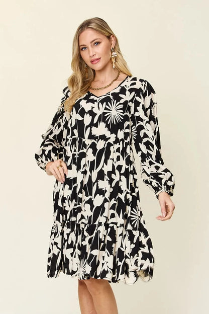 Double Take Full Size Printed Ruffle Hem Dress with Pocket Black - Fashorio