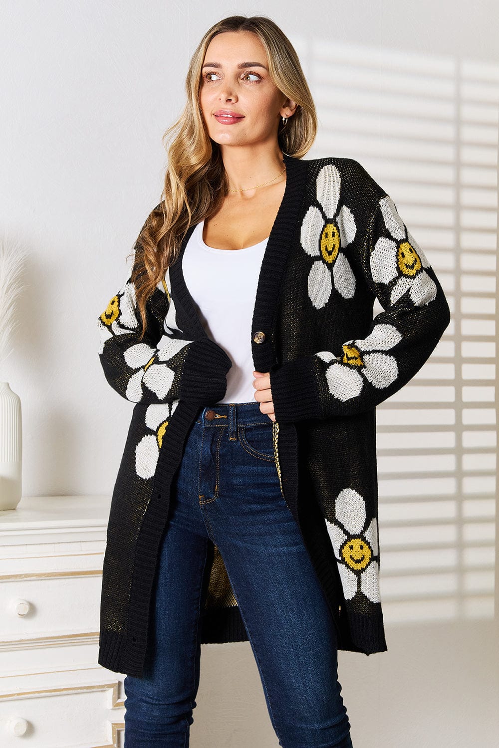 Fashorio Dresses Black / S Perfee Floral Button Down Longline Cardigan