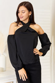 Fashorio Dresses Black / S Perfee Grecian Cold Shoulder Long Sleeve Blouse
