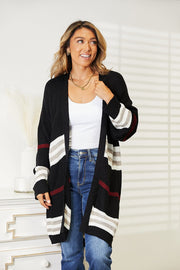 Fashorio Dresses Black / S Perfee Striped Rib-Knit Drop Shoulder Open Front Cardigan