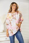 Double Take Floral Round Neck Three-Quarter Sleeve Top Blush Pink - Fashorio