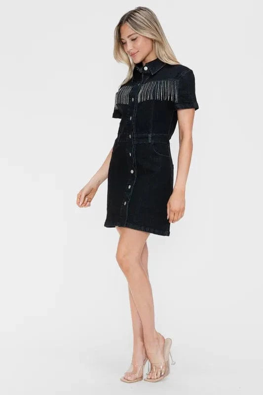 Fashorio dresses bytos Full Size Embellished Button Down Short Sleeve Denim Dress