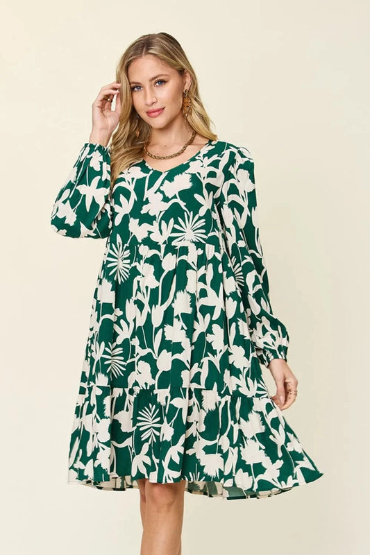 Double Take Full Size Printed Ruffle Hem Dress with Pocket Dark Green - Fashorio