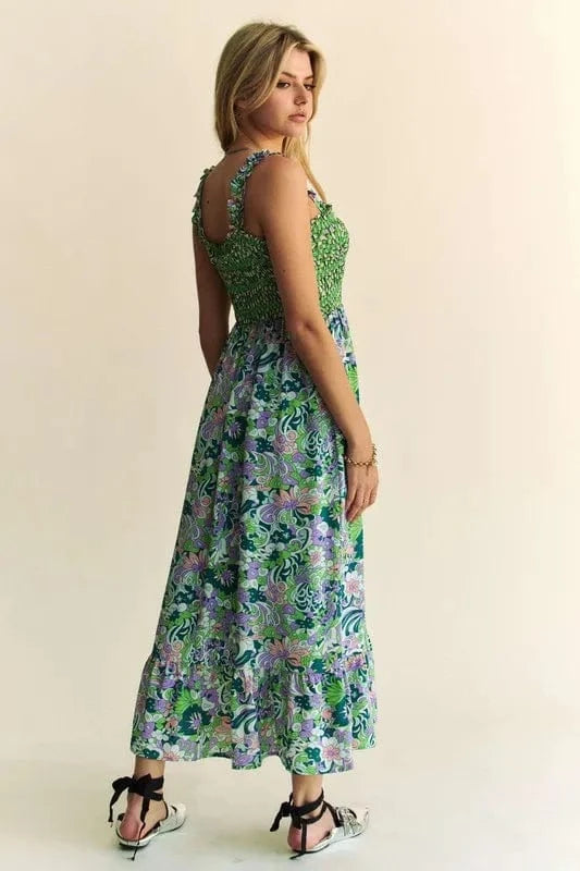 Davi & Dani Multi Smocked Bodice Geo Ruffle Strappy Midi Dress - Fashorio