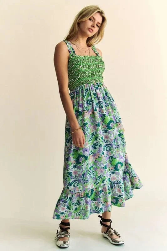 Davi & Dani Multi Smocked Bodice Geo Ruffle Strappy Midi Dress - Fashorio