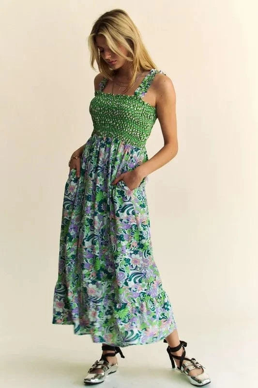 Davi & Dani Multi Smocked Bodice Geo Ruffle Strappy Midi Dress - Fashorio