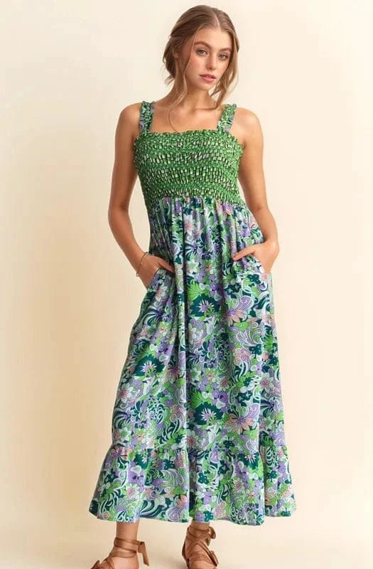 Davi & Dani Multi Smocked Bodice Geo Ruffle Strappy Midi Dress - Fashorio
