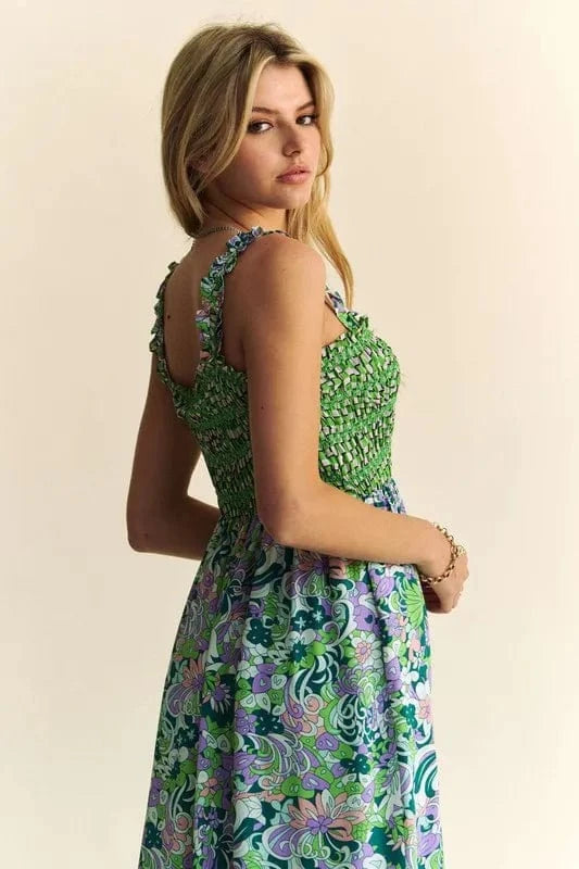 Davi & Dani Multi Smocked Bodice Geo Ruffle Strappy Midi Dress - Fashorio