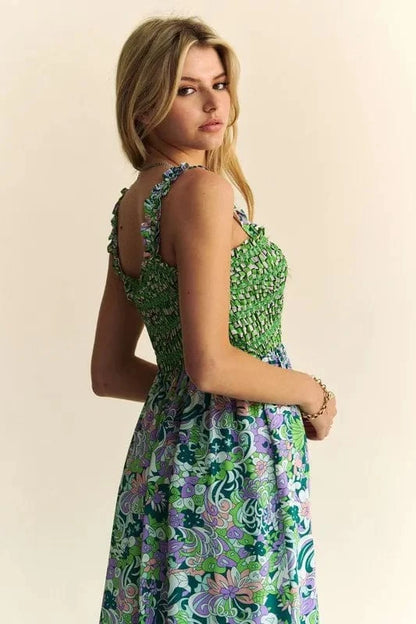 Davi & Dani Multi Smocked Bodice Geo Ruffle Strappy Midi Dress - Fashorio