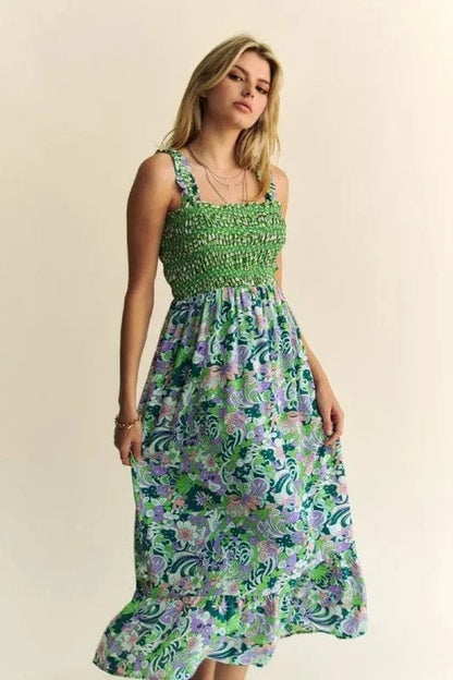 Davi & Dani Multi Smocked Bodice Geo Ruffle Strappy Midi Dress - Fashorio
