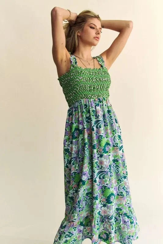 Davi & Dani Multi Smocked Bodice Geo Ruffle Strappy Midi Dress - Fashorio