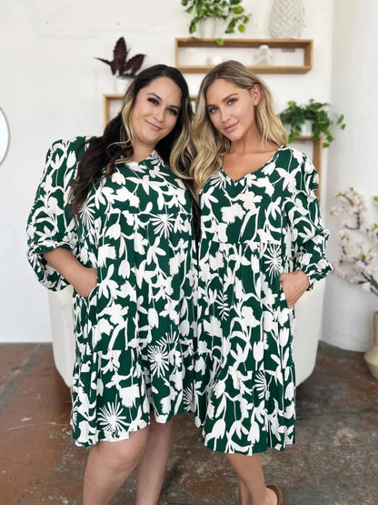 Double Take Full Size Printed Ruffle Hem Dress with Pocket - Fashorio