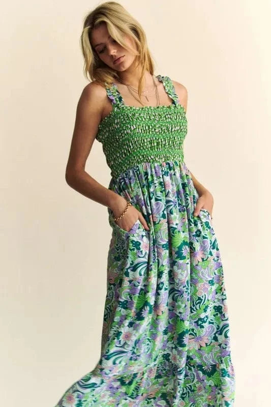 Davi & Dani Multi Smocked Bodice Geo Ruffle Strappy Midi Dress Hunter Green - Fashorio