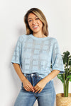 Mandy Ribbed Trim Round Neck Knit Top Light Blue - Fashorio