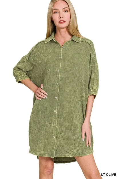 Zenana Washed Double Gauze Button Down Shirt Dress LT OLIVE - Fashorio