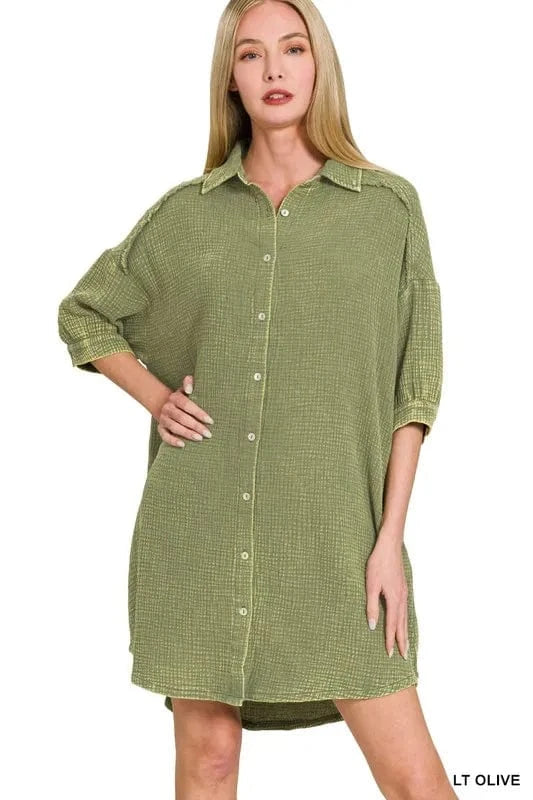 Zenana Washed Double Gauze Button Down Shirt Dress LT OLIVE - Fashorio
