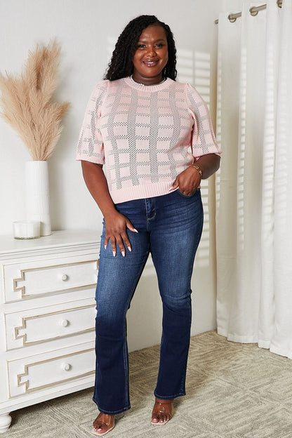 Mandy Ribbed Trim Round Neck Knit Top - Fashorio
