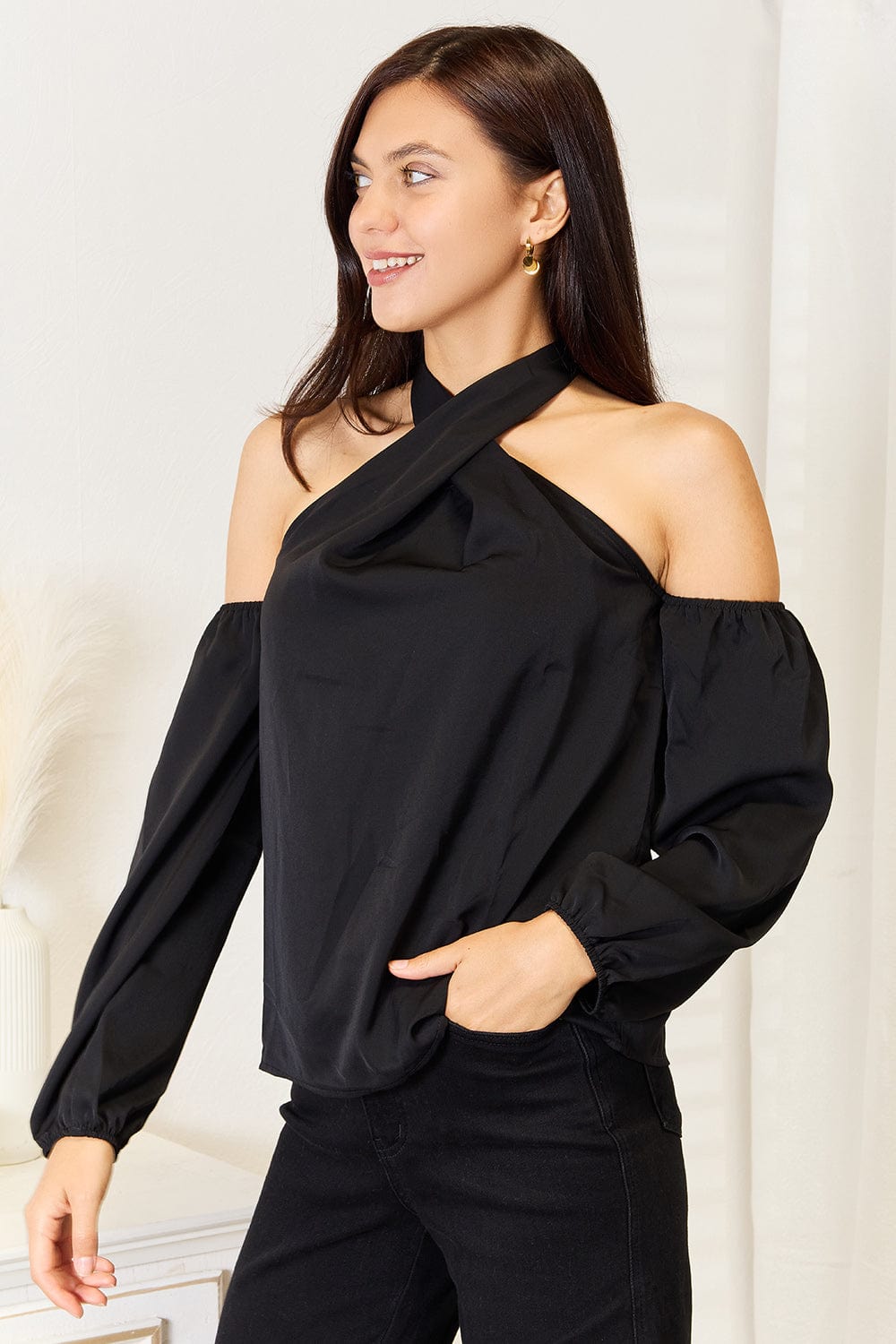 Fashorio Dresses Perfee Grecian Cold Shoulder Long Sleeve Blouse