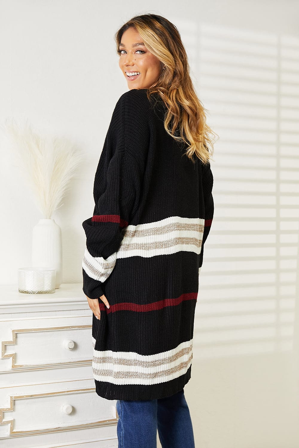 Fashorio Dresses Perfee Striped Rib-Knit Drop Shoulder Open Front Cardigan