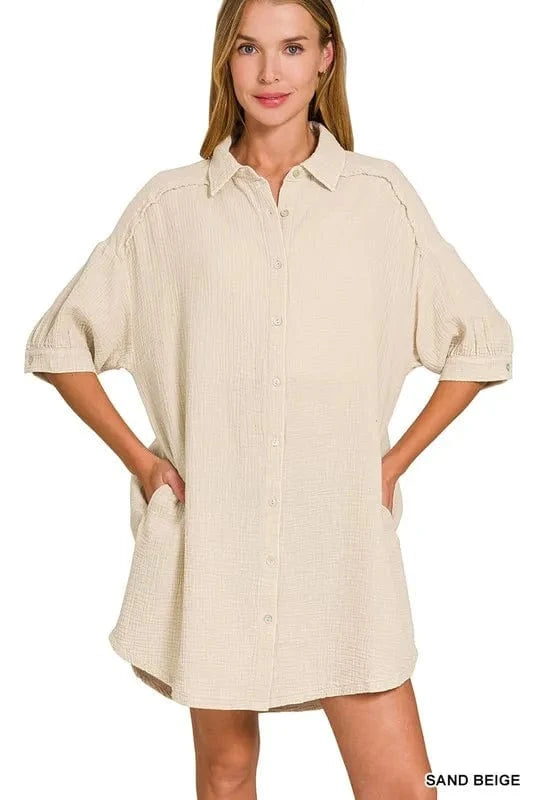 Zenana Washed Double Gauze Button Down Shirt Dress SAND BEIGE - Fashorio