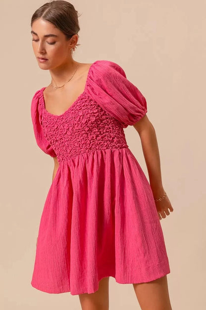 SO ME Textured Woven Daily Dress with Puff Sleeves - Fashorio