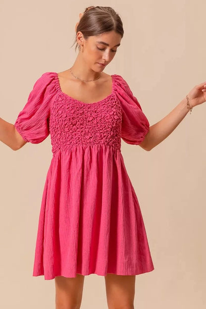 SO ME Textured Woven Daily Dress with Puff Sleeves - Fashorio