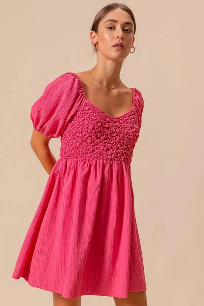 SO ME Textured Woven Daily Dress with Puff Sleeves - Fashorio